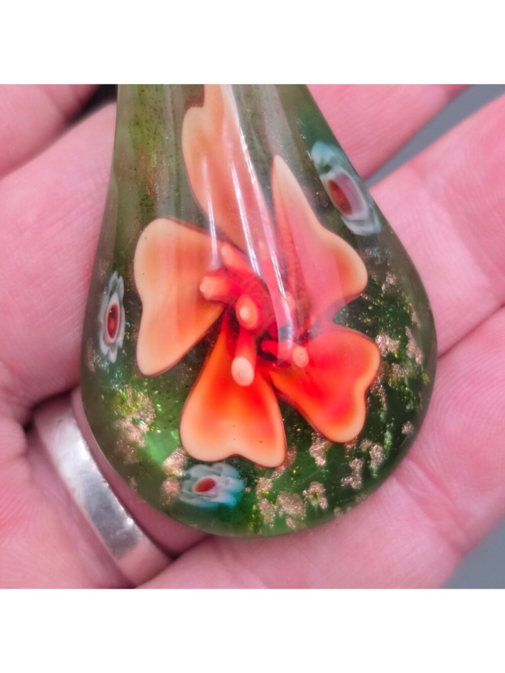 Artisan Glass Teardrop Pendant Necklace Orange Floral Millefiori Gold Foil - Picture 13 of 16